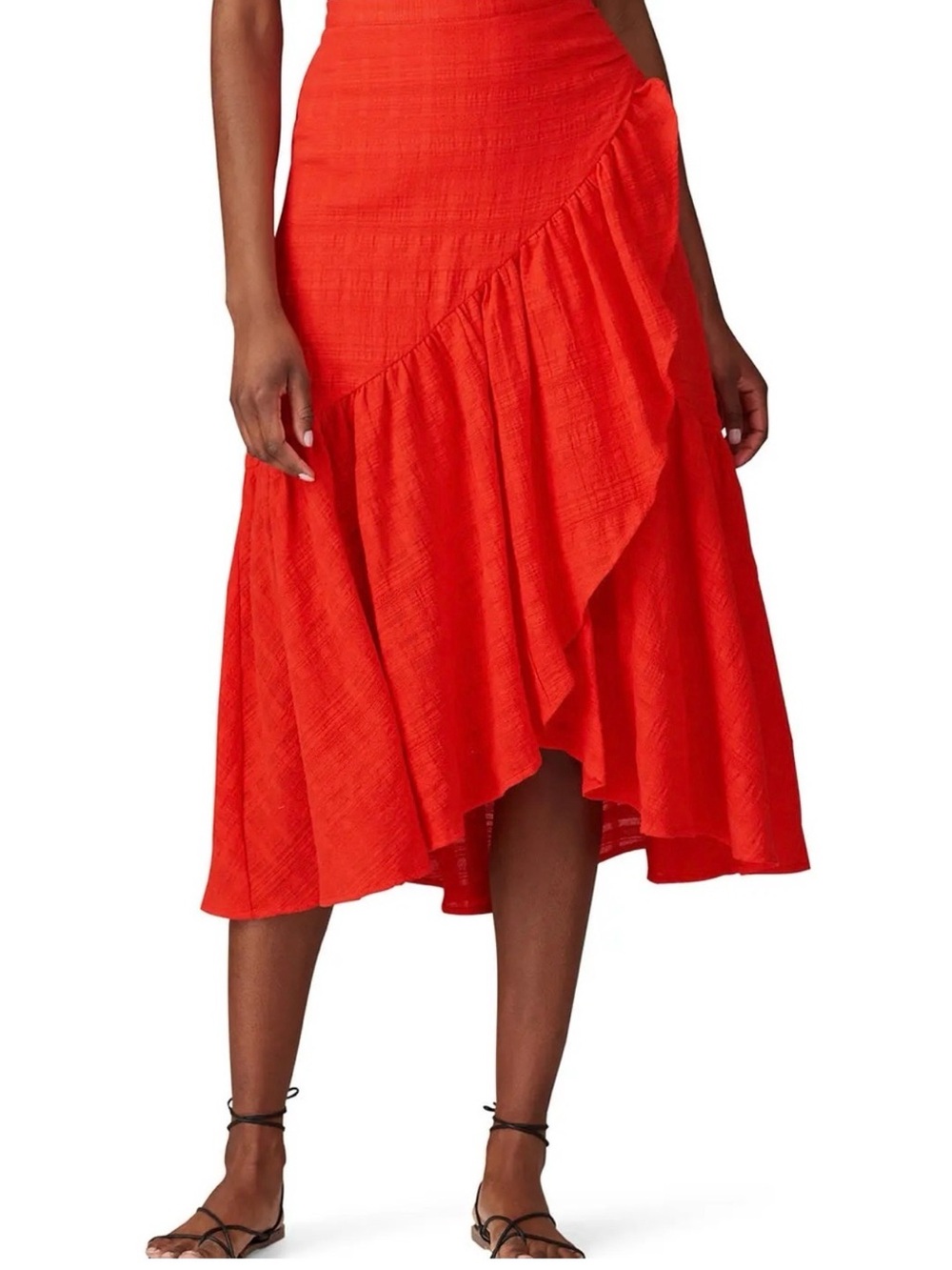 Love, Whit Red Orange Asymmetric Ruffle High Low Midi Skirt XL Cotton